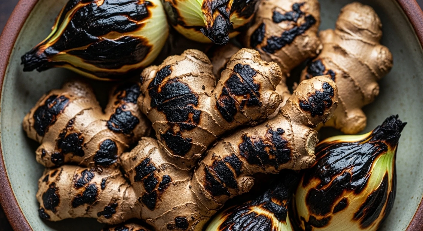 Charred ginger and onions sitting in a bowl, showing the dark, blistered skins