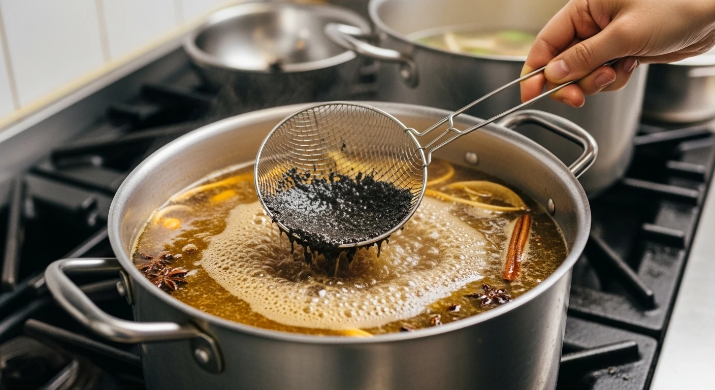 A pot of Pho broth simmering gently on a stove, with foam being skimmed off