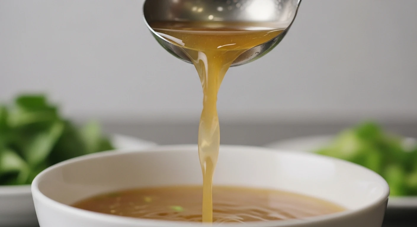 A close-up shot of Pho broth being poured into a bowl over noodles and beef