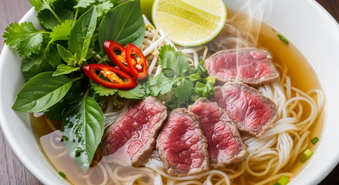 A steaming bowl of Vietnamese Pho with fresh herbs and thinly sliced beef
