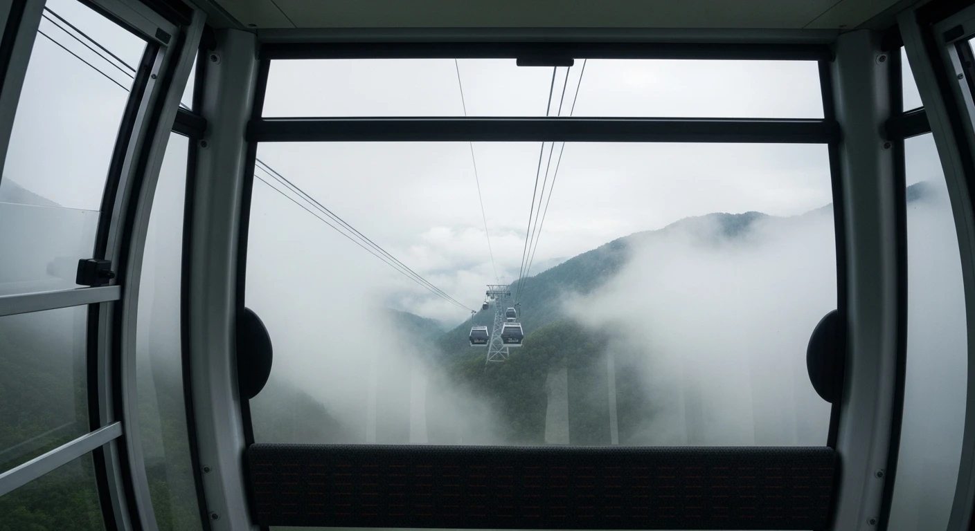 View from the Ba Na Hills cable car overlooking lush green mountains and mist