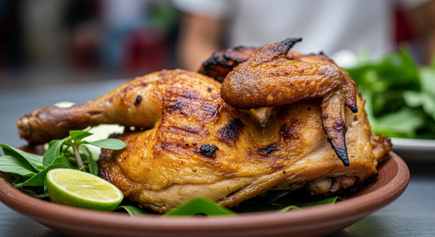 A plate of perfectly grilled, crispy-skinned Ba Vi hill chicken