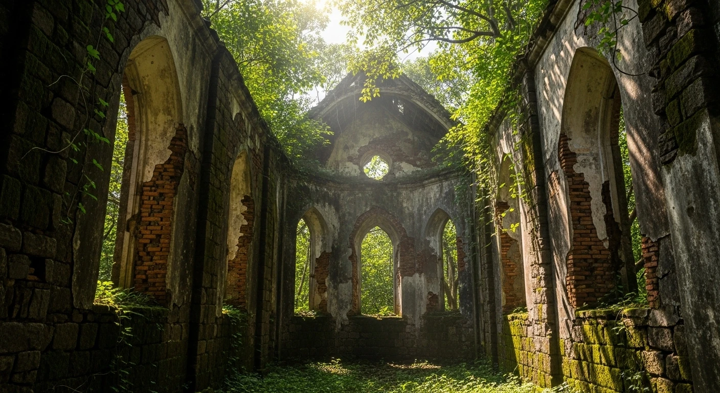 The overgrown ruins of an old French church in Ba Vi National Park