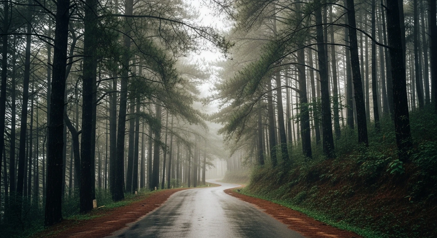 Misty pine forest road in Ba Vi National Park