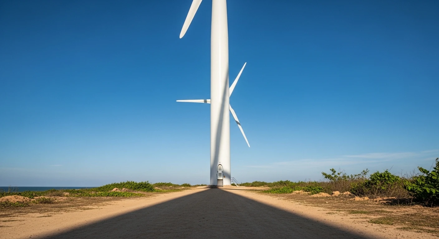 Massive wind turbines lining the coast of Bac Lieu province under a clear blue sky