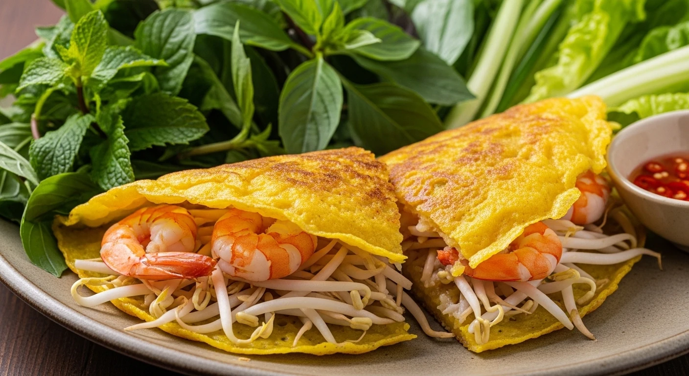 A close-up of a perfectly golden-brown Banh Xeo being folded, revealing shrimp and bean sprouts inside, served with fresh herbs and a dipping sauce