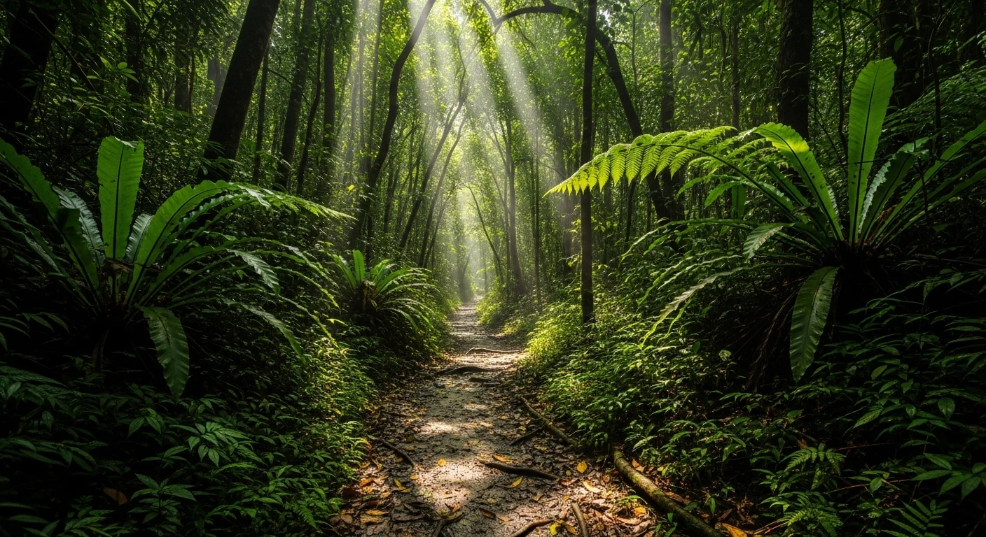 A winding jungle path in Bach Ma National Park, with dense foliage and sunlight filtering through
