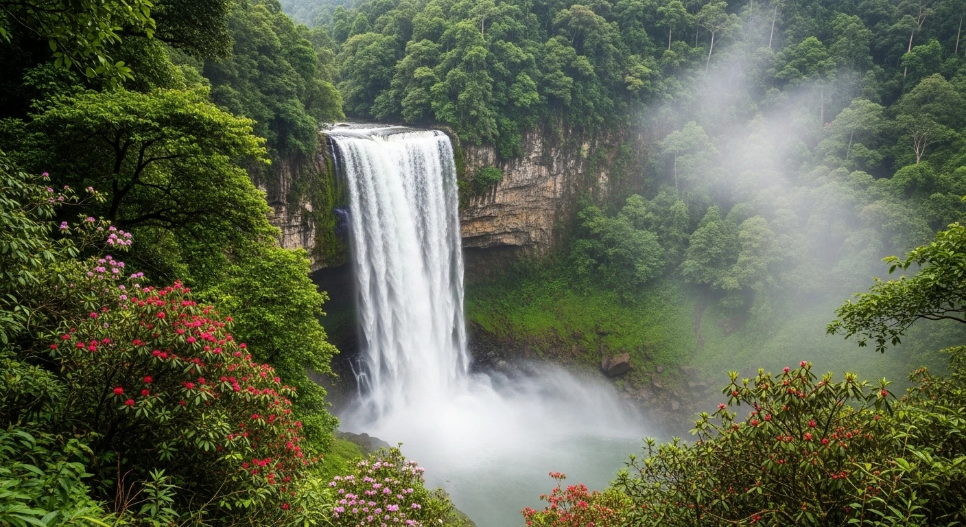 The dramatic Do Quyen Waterfall in Bach Ma National Park, with mist rising from its base