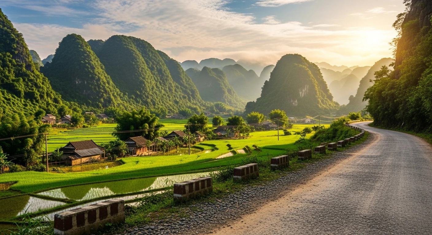 A scenic rural road winding through mountains towards Ban Gioc Waterfall, with rice paddies and local villages