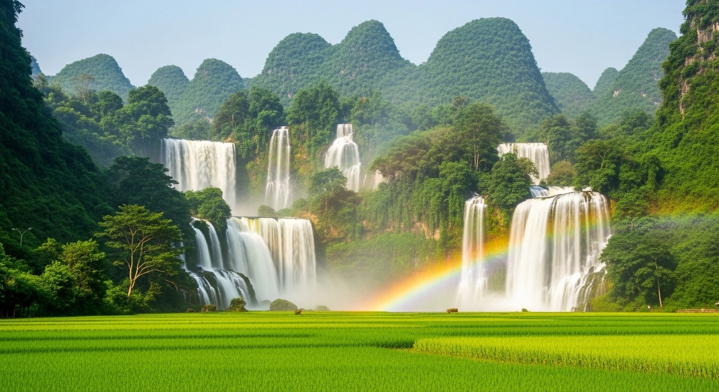 Panoramic view of Ban Gioc Waterfall with lush green cliffs and cascading water