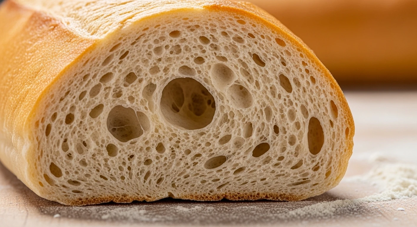 A close-up of banh mi baguette dough with a fine crumb structure