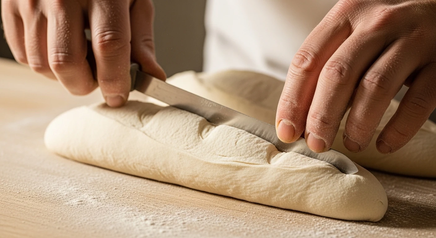 A baker scoring a banh mi baguette before baking