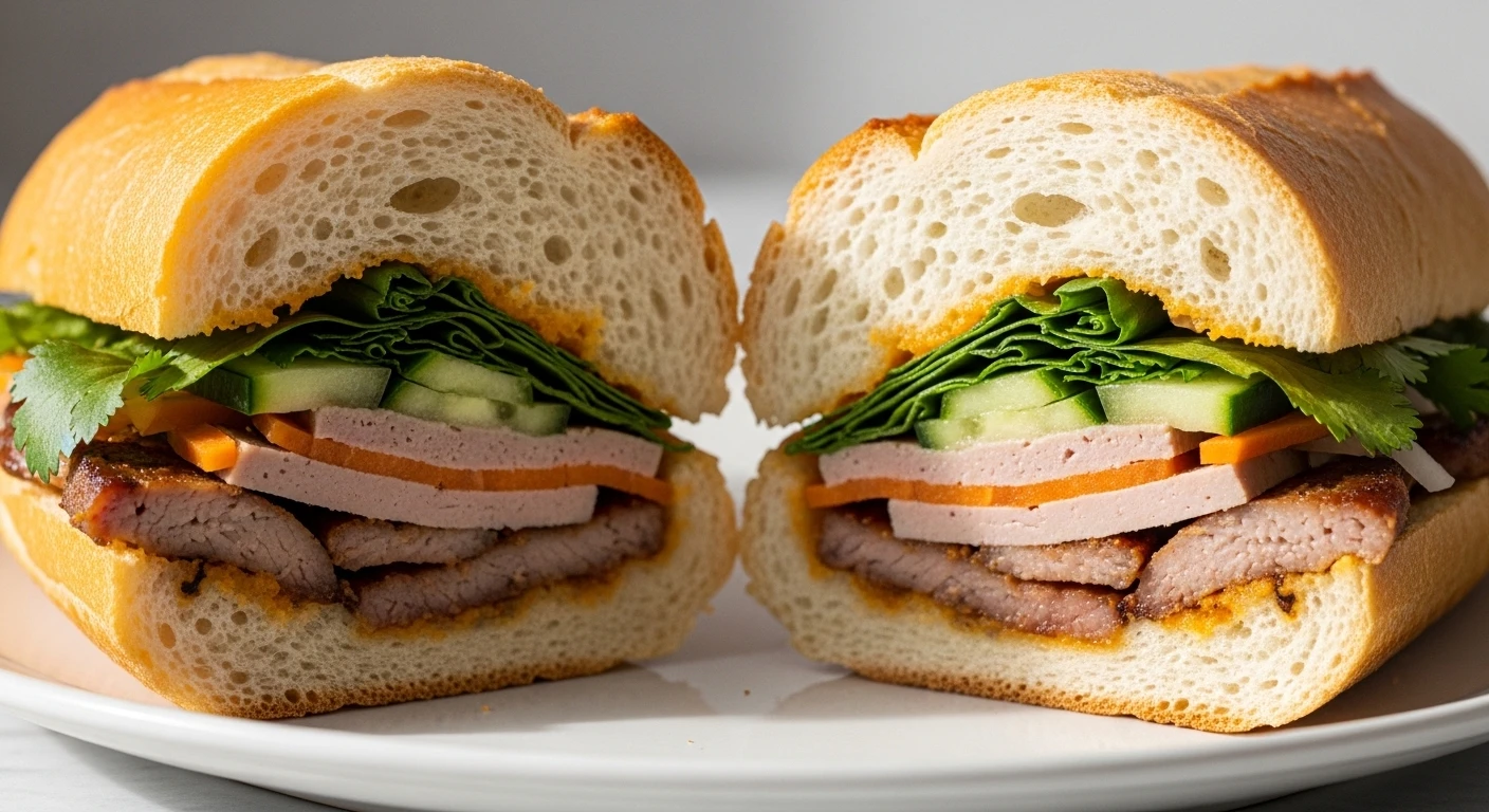 A fully assembled banh mi sandwich, sliced in half to show the layers