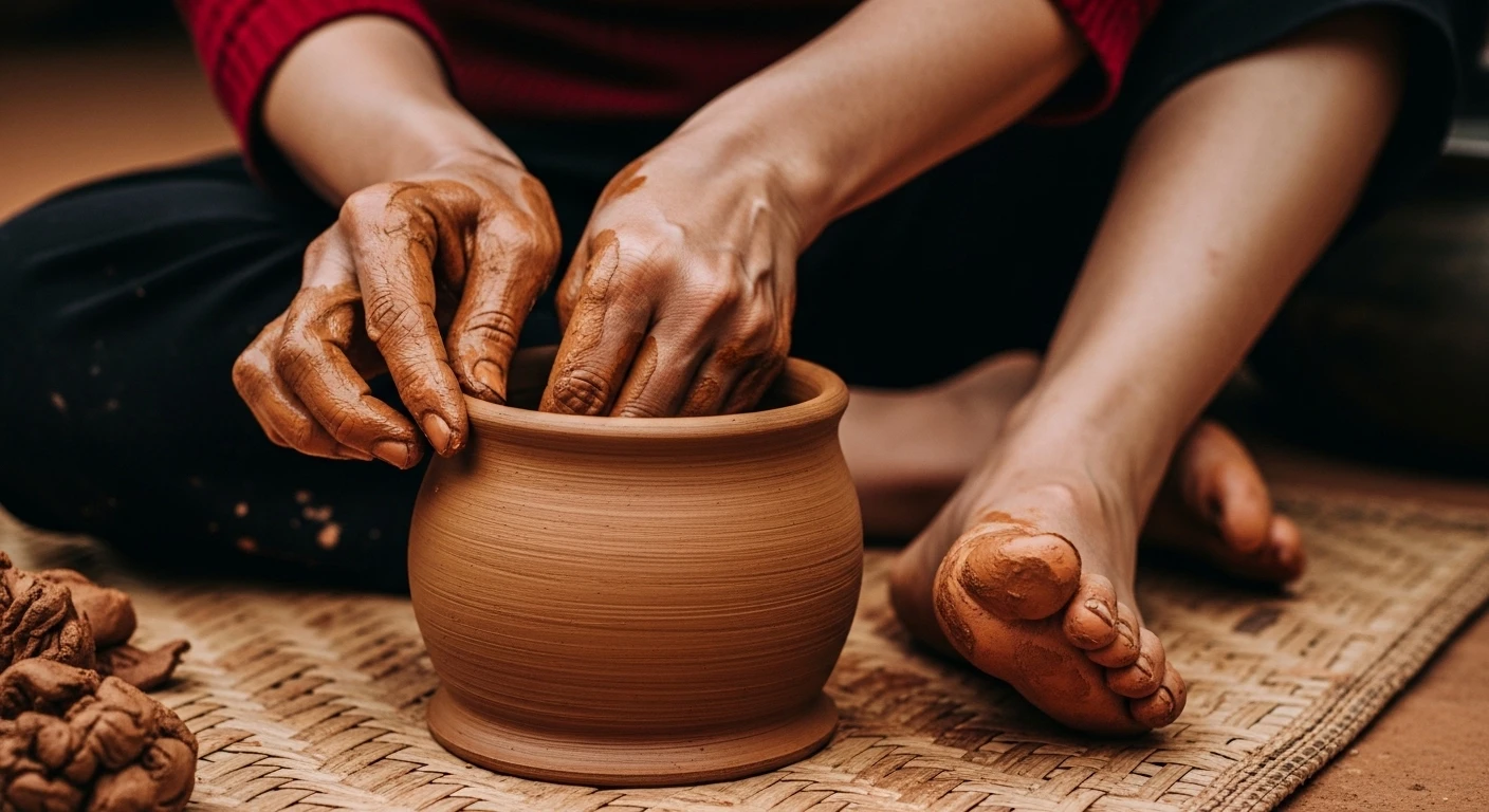 Close-up of Cham woman's hands shaping a pot from clay