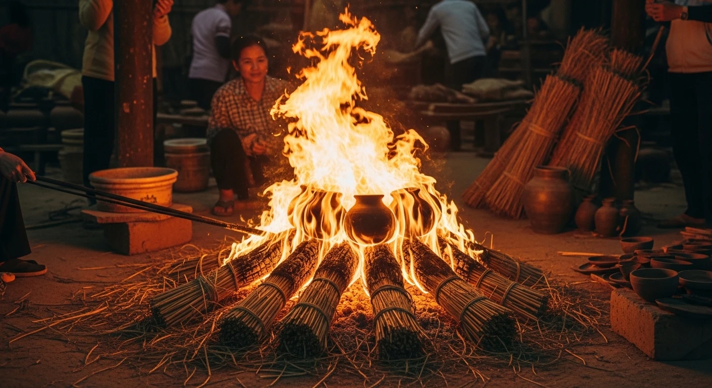 Straw fire burning, baking Cham pottery in Bau Truc village