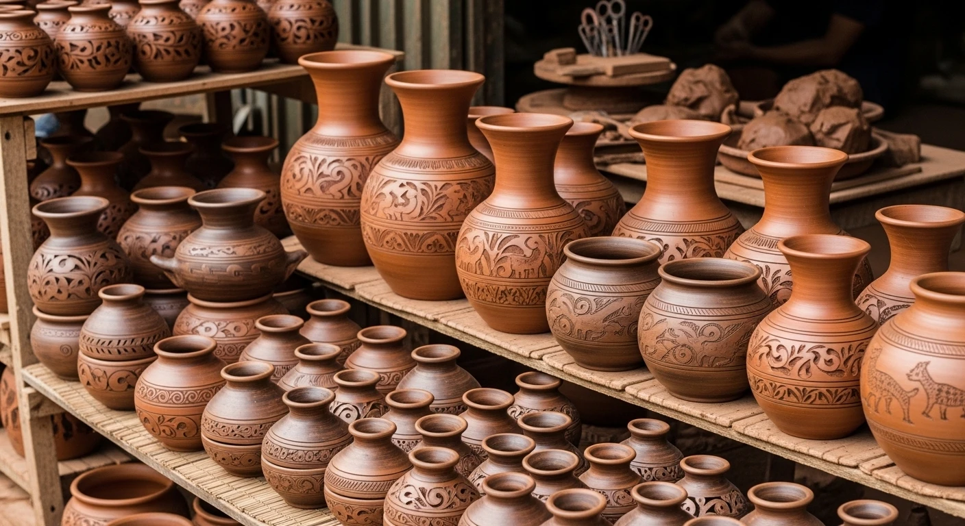 Collection of finished Cham pottery pieces in Bau Truc village