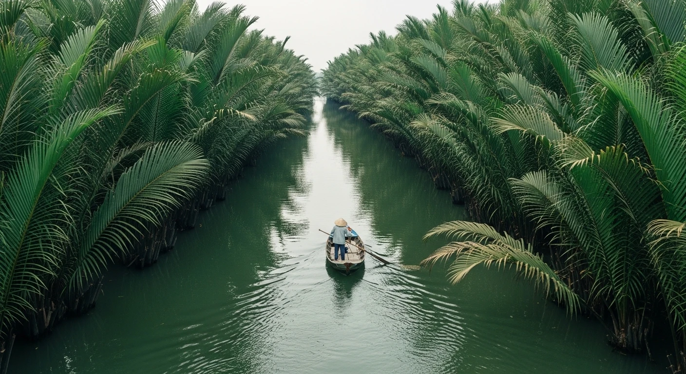 A narrow canal in Ben Tre lined with lush coconut palms, a small sampan boat glides by