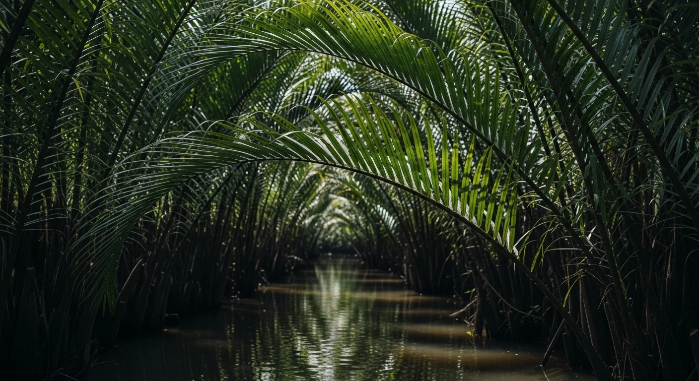 Close-up of Nipa palm leaves arching over a narrow Mekong Delta canal