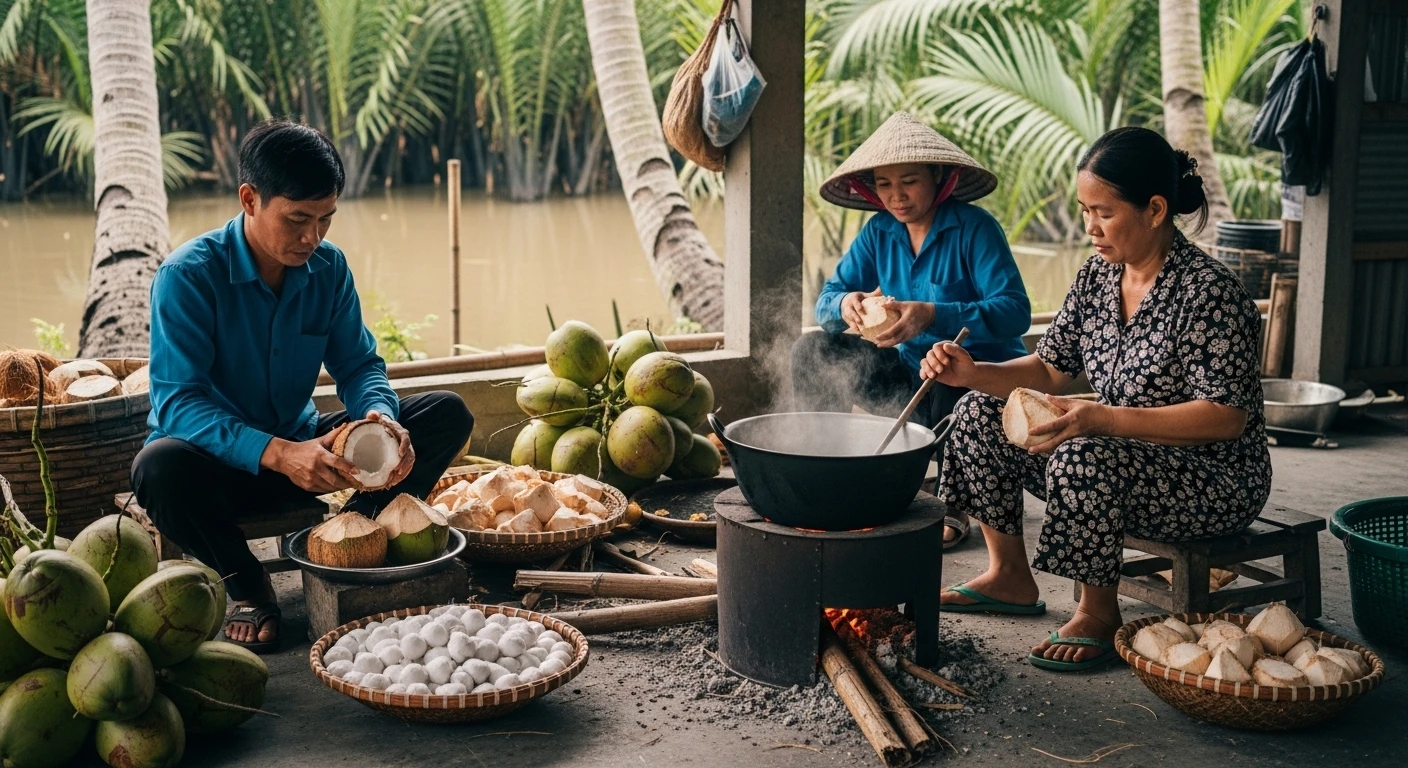 Workers processing coconuts at a small workshop by a Mekong Delta canal