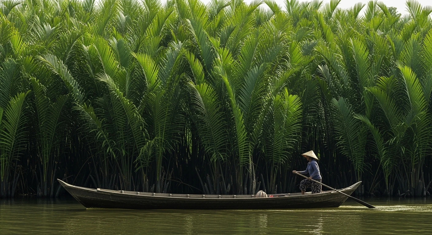 A serene view of a sampan boat with a local woman rowing, silhouetted against the lush green Nipa palms of the Mekong Delta
