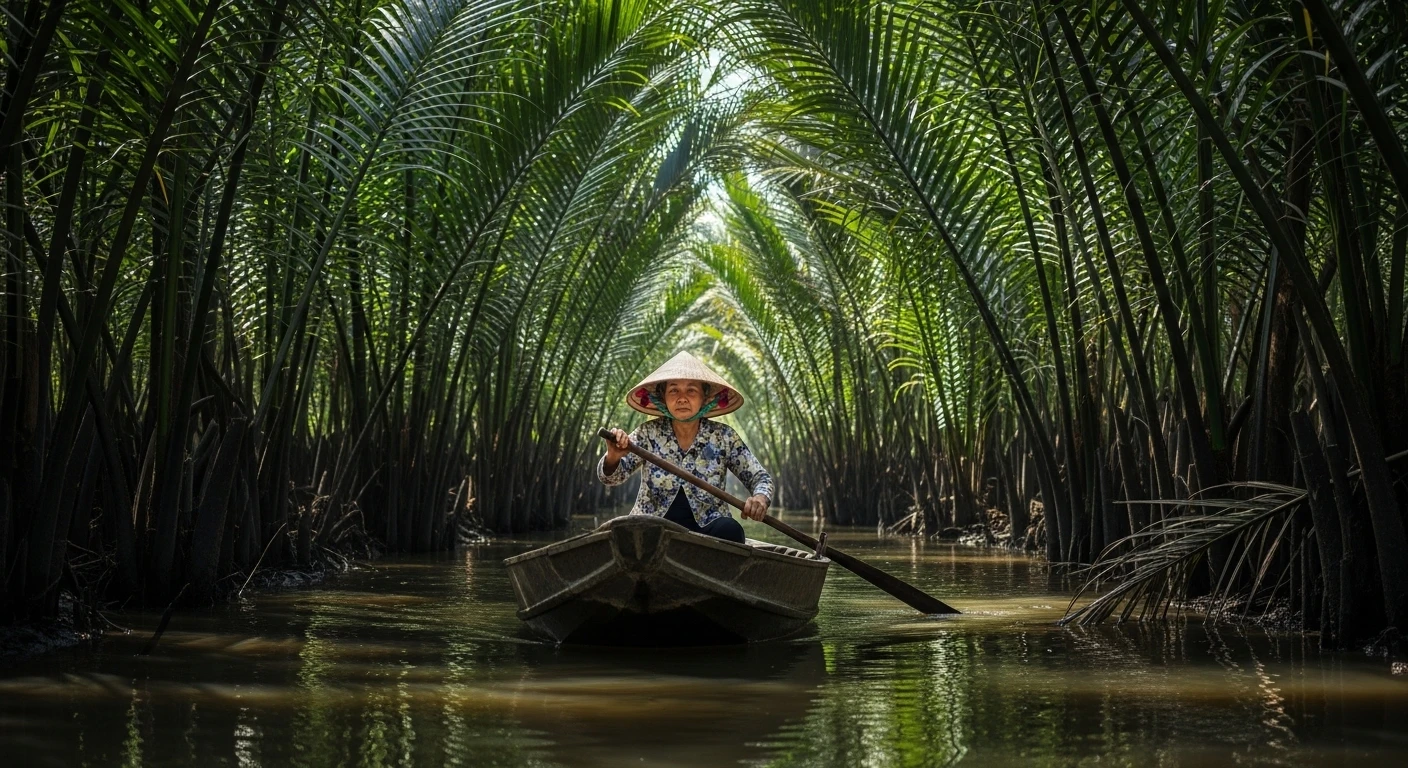 A traditional Vietnamese woman rowing a sampan boat down a narrow, palm-lined canal in Ben Tre