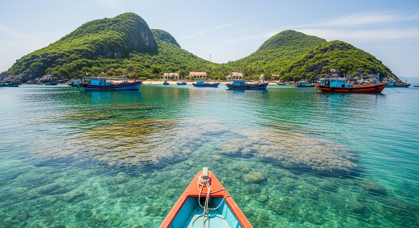 A distant view of Binh Ba Island with fishing boats anchored in the foreground