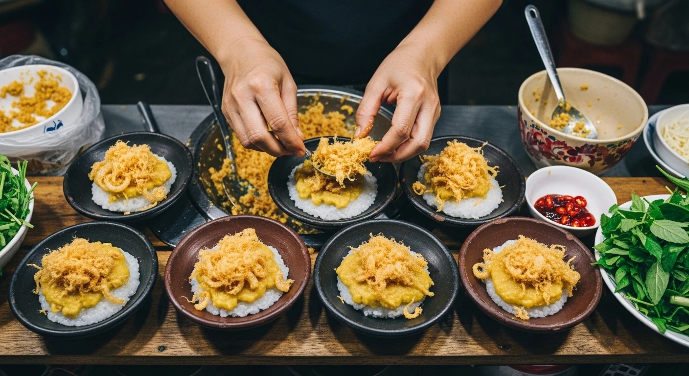 A close-up of Banh Beo Bi, showing the delicate rice cakes topped with shredded pork skin and mung bean paste, drizzled with nuoc cham
