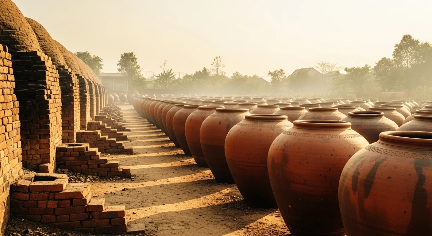 A row of large, fired clay pots cooling down outside a traditional kiln in Binh Duong
