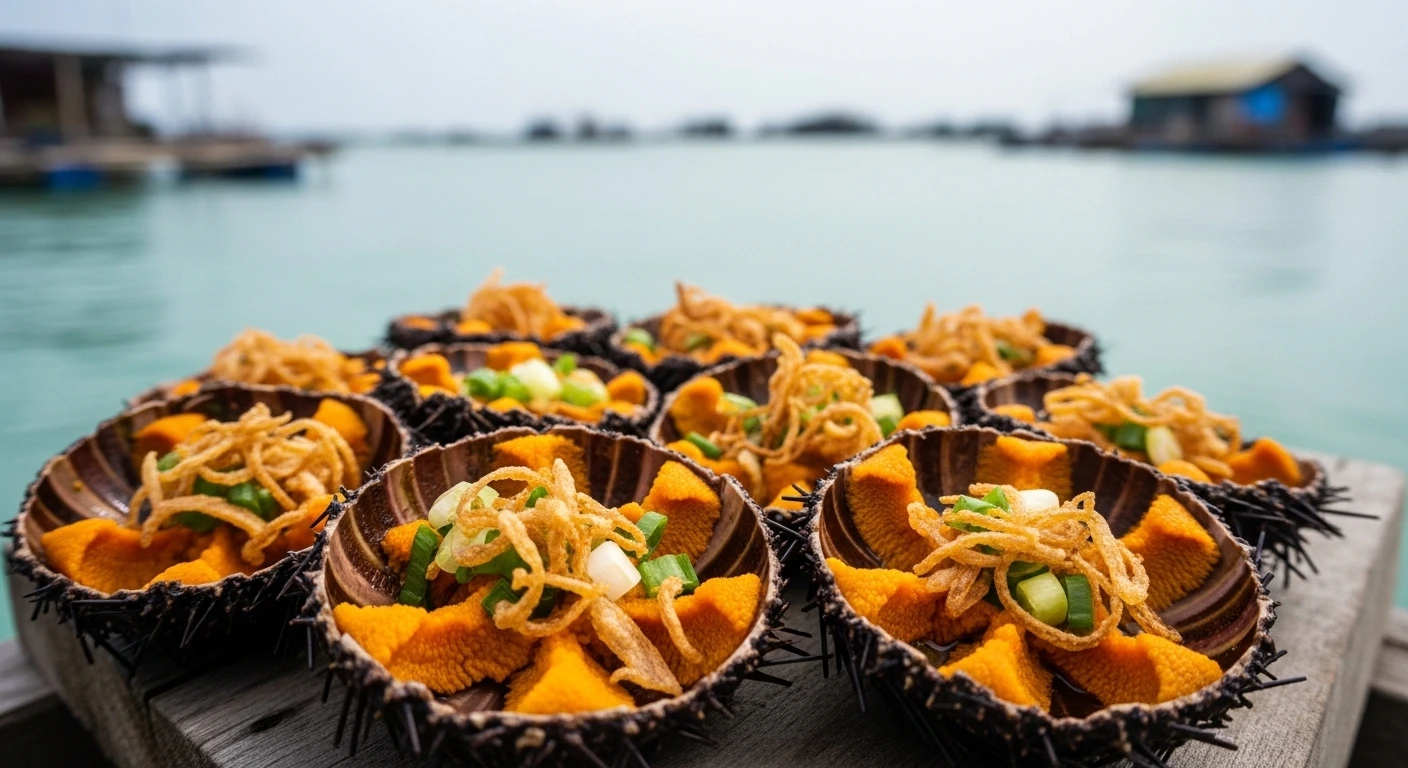 Close-up of grilled sea urchins on a wooden platform in Binh Hung Island.
