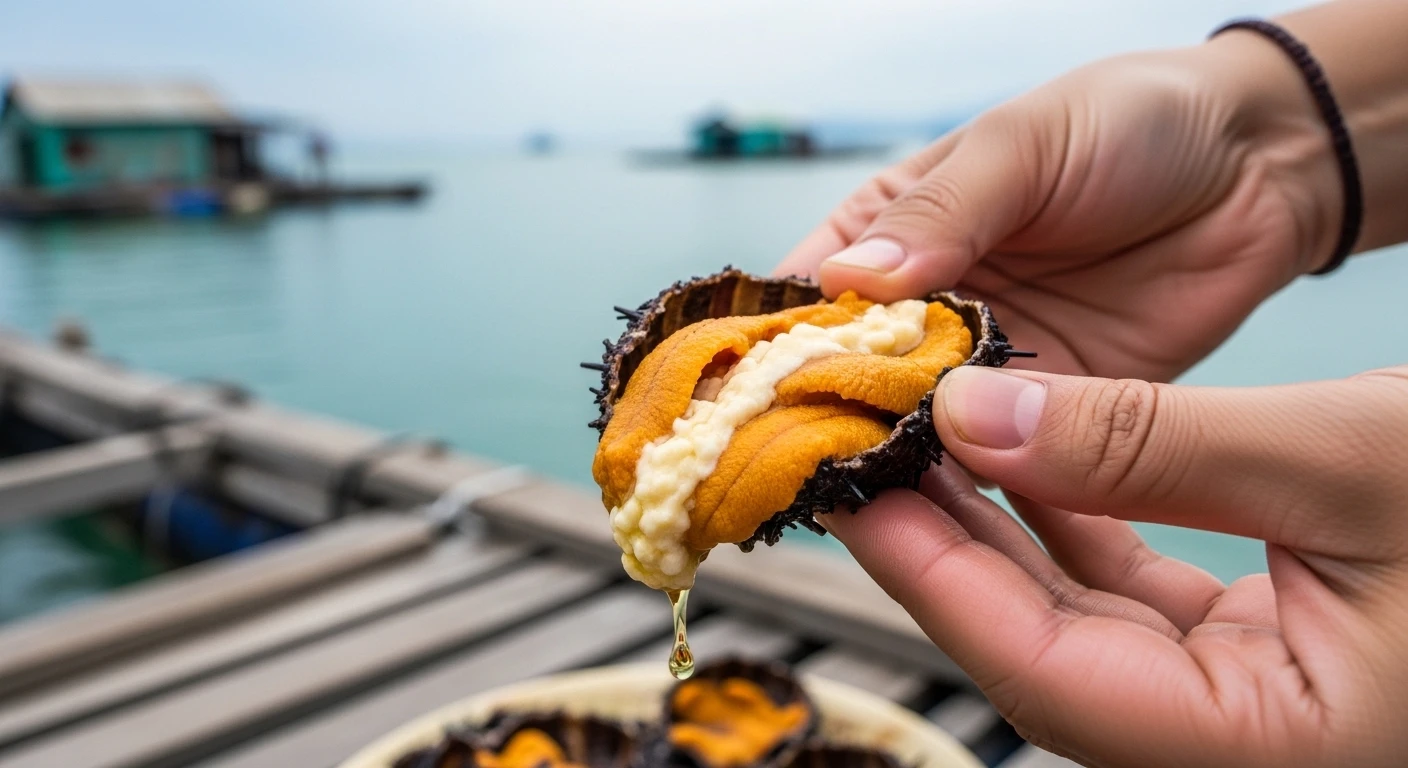 A close-up of a hand holding a piece of grilled sea urchin with scallion oil.