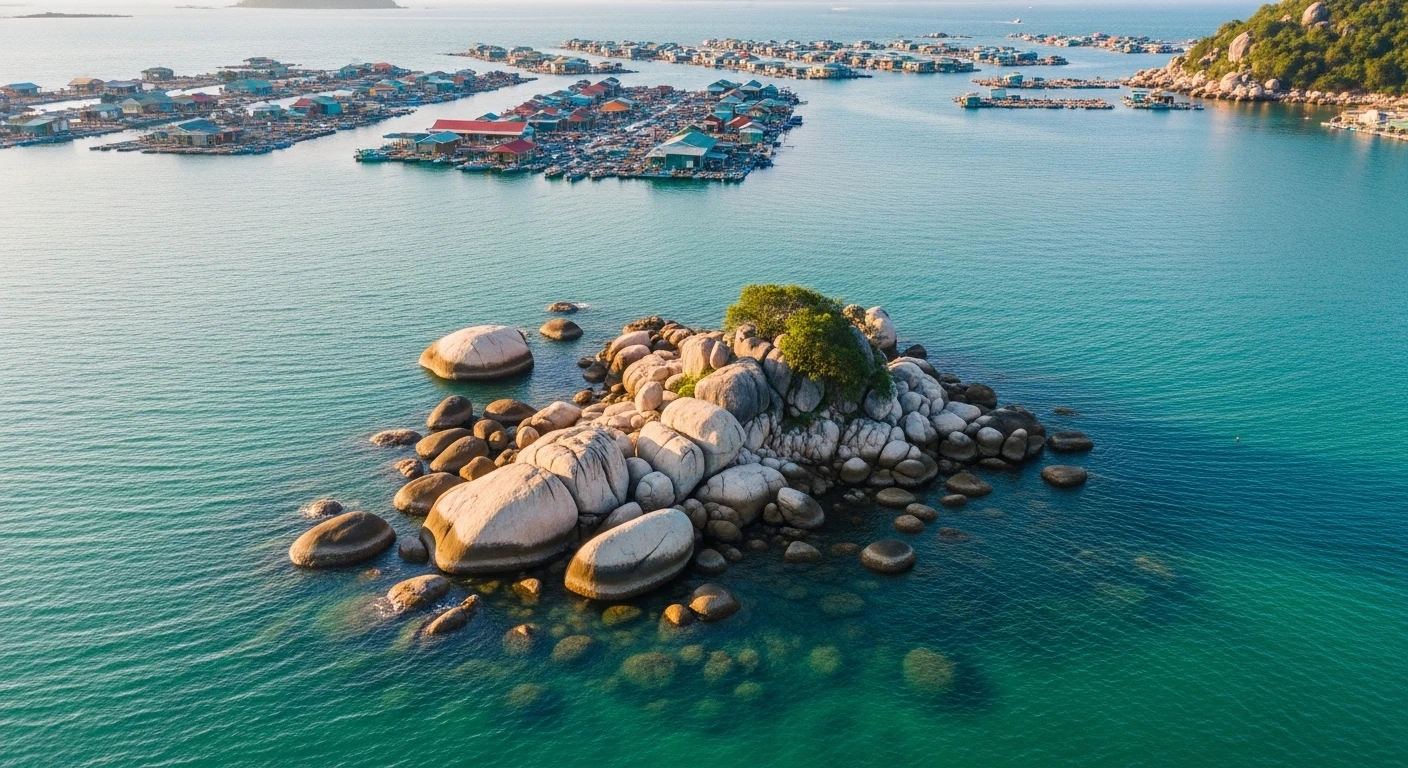 A panoramic view of Binh Hung Island with its floating houses and calm turquoise waters.