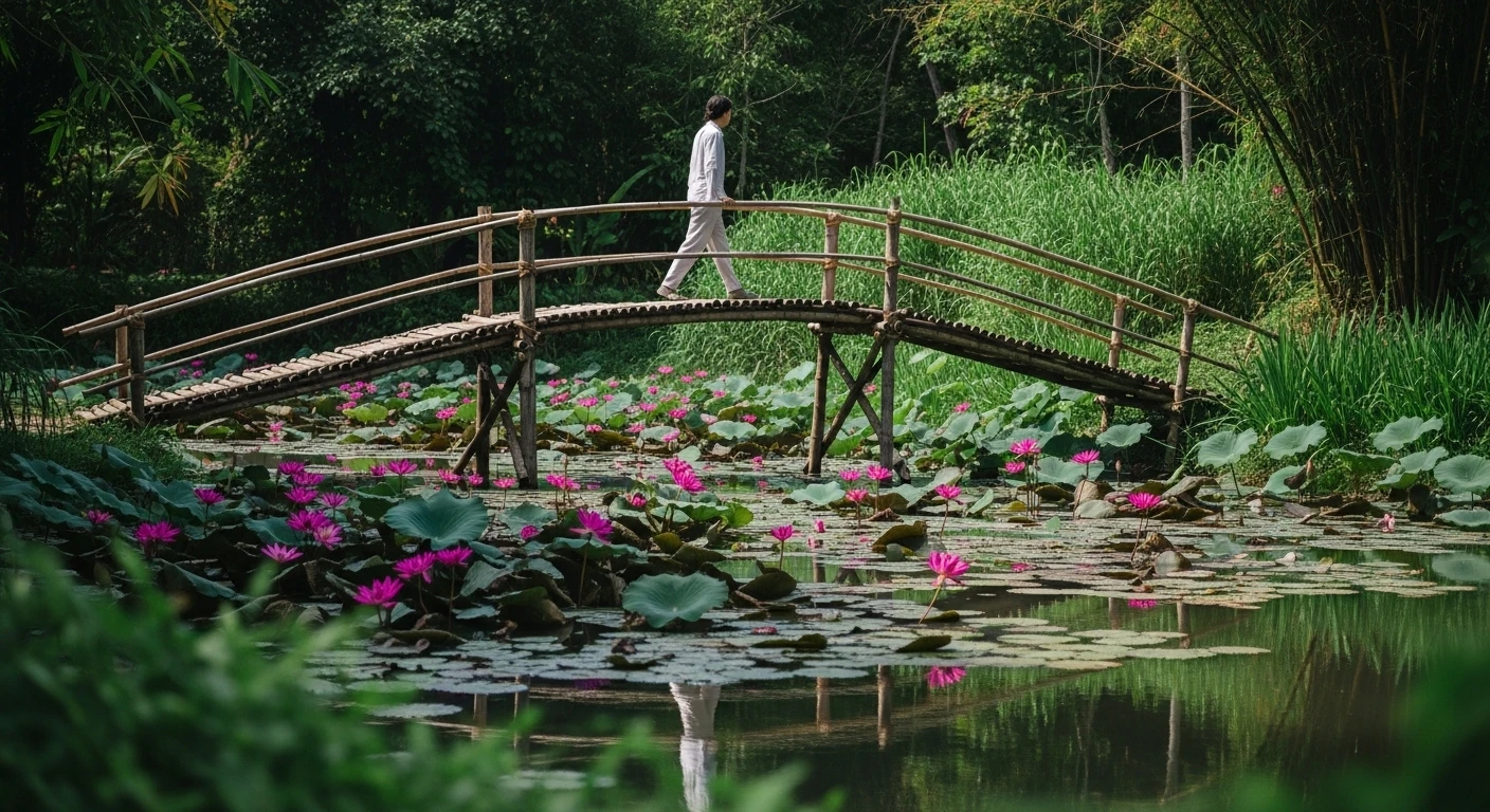 A narrow bamboo bridge over a lotus pond at Binh Quoi Village