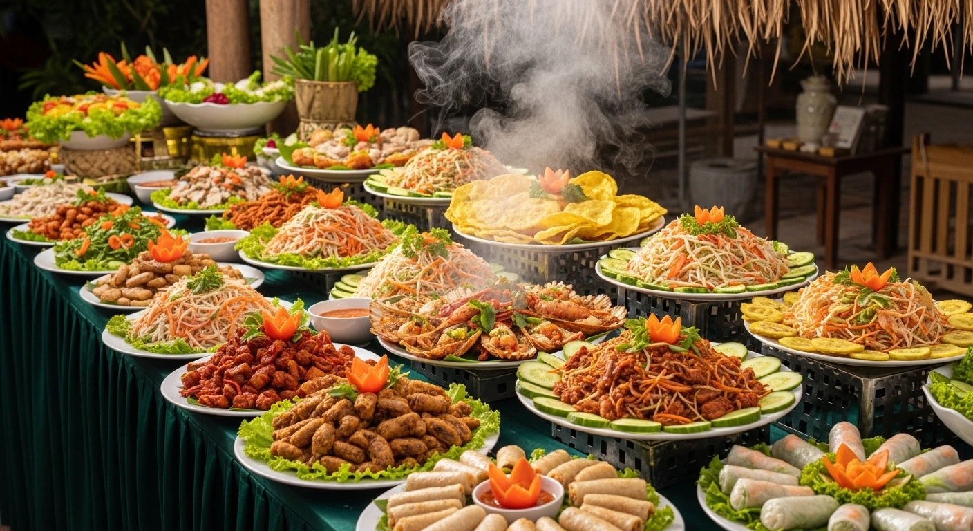 A lavish spread of Vietnamese food at the Binh Quoi Village buffet, featuring seafood, meats, and vegetables