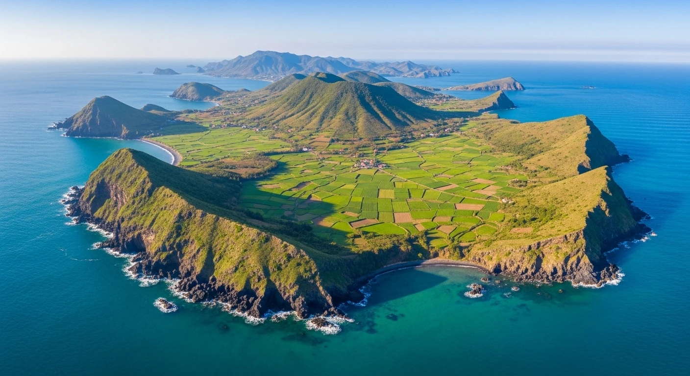 A panoramic view of Ly Son Island with its distinct volcanic terrain and fields