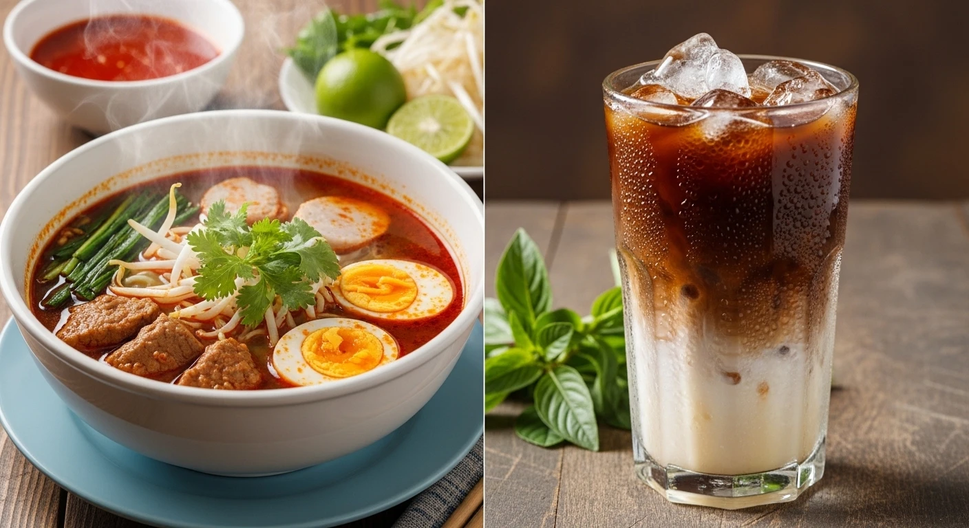A glass of Vietnamese iced coffee (Cà Phê Sữa Đá) next to a bowl of Bun Bo Hue