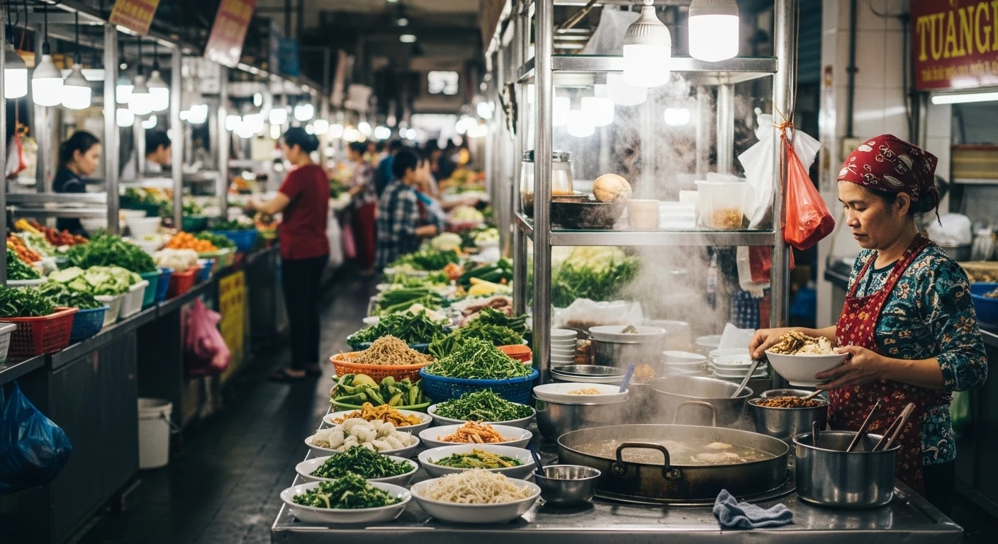 A lively scene inside Dong Ba Market in Hue, with food stalls and shoppers