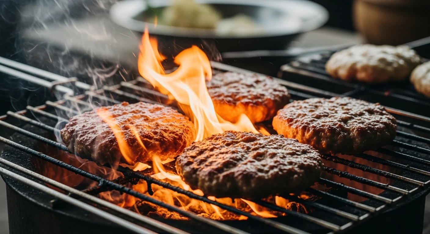 Bun Cha pork patties sizzling over hot charcoal on a grill
