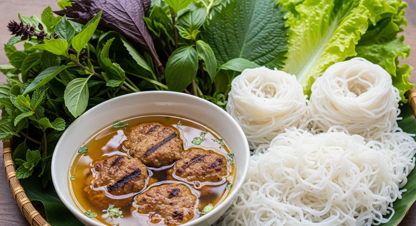 A spread of Bun Cha ingredients: noodles, herbs, dipping sauce with pork