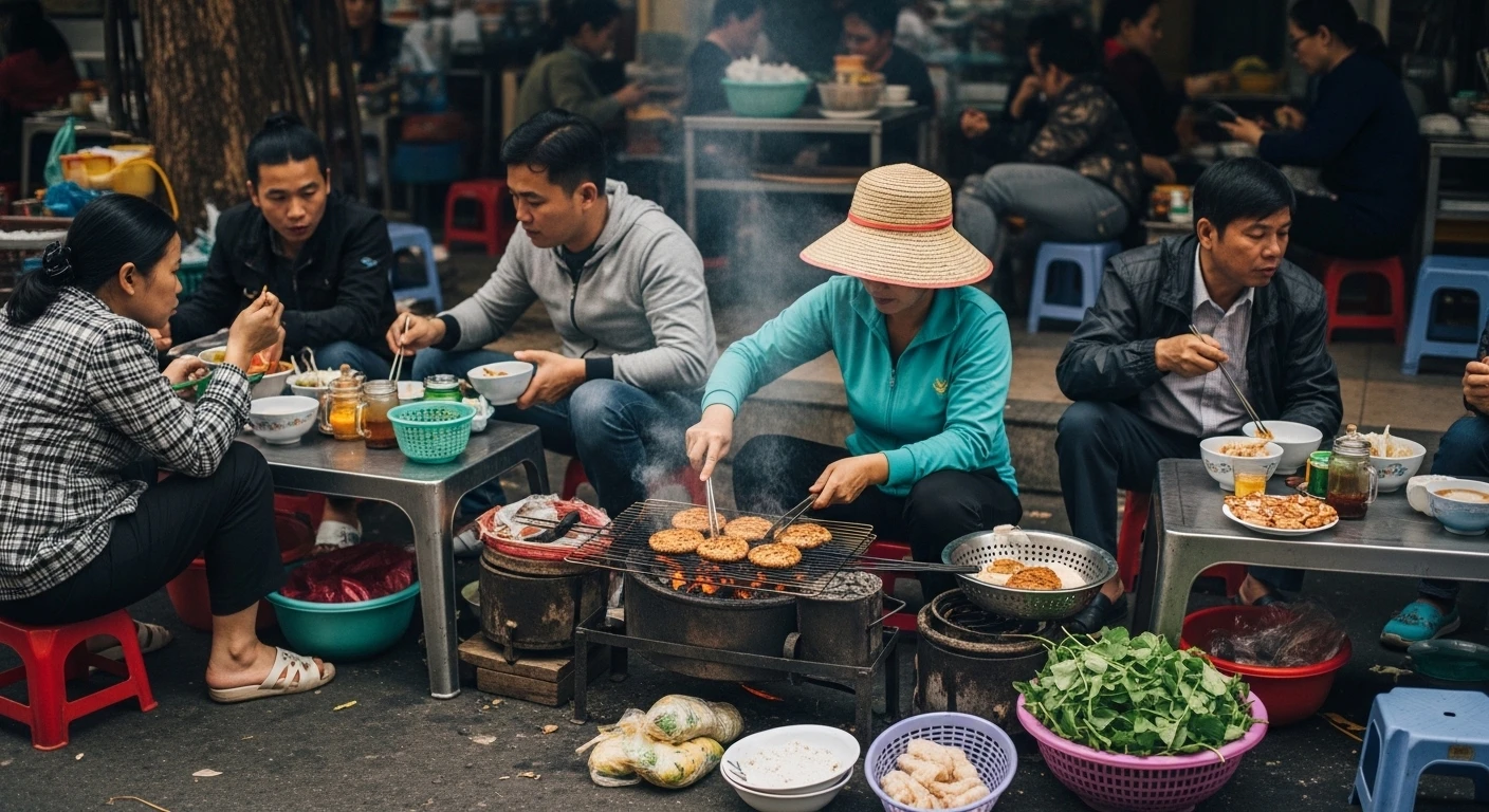 A lively street scene in Hanoi with a Bun Cha vendor serving customers