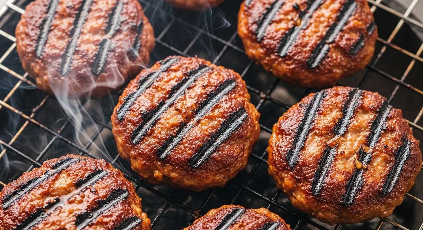 Close-up of perfectly grilled Bun Cha pork patties with a slight char
