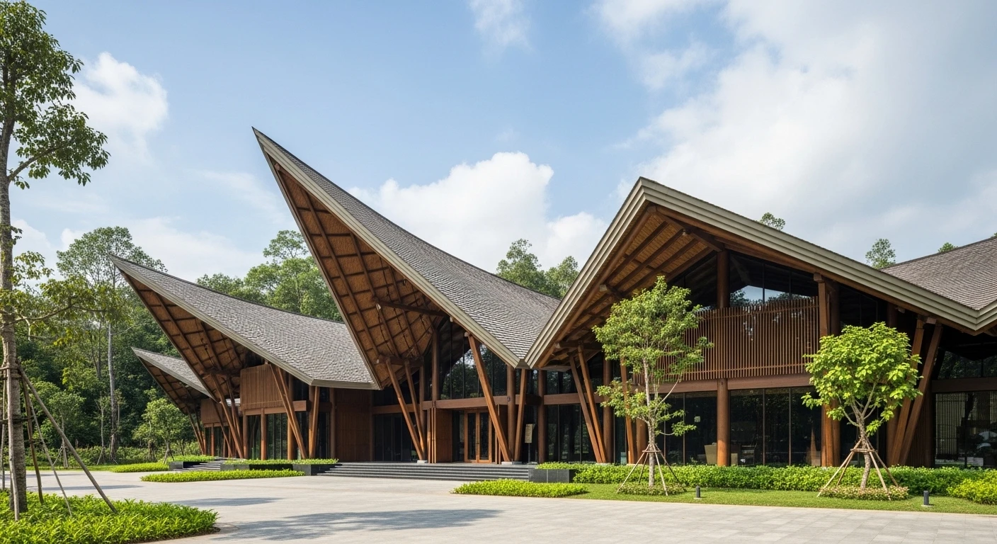 Exterior of the World Coffee Museum in Buon Ma Thuot, designed to resemble a traditional ethnic minority longhouse.