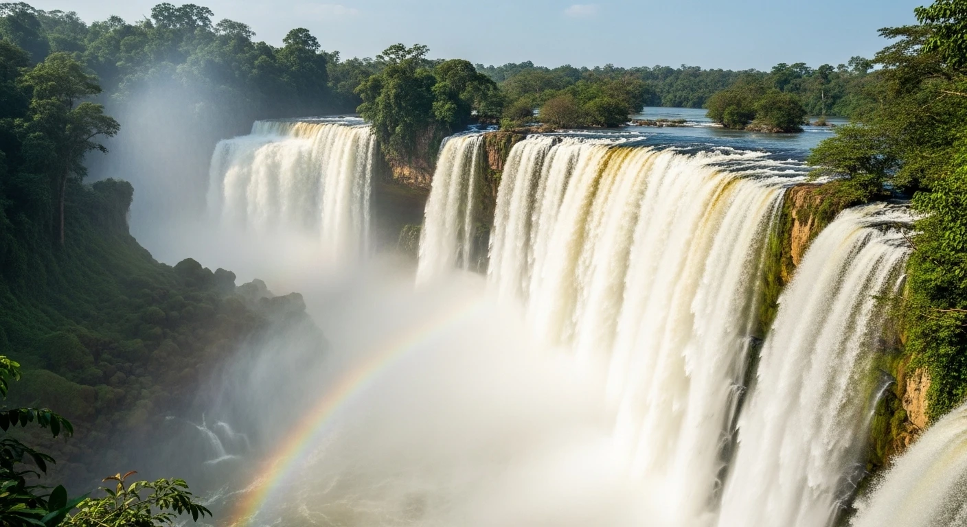 The massive Dray Nur waterfall in Dak Lak province, Vietnam, with its powerful cascade and surrounding lush greenery.