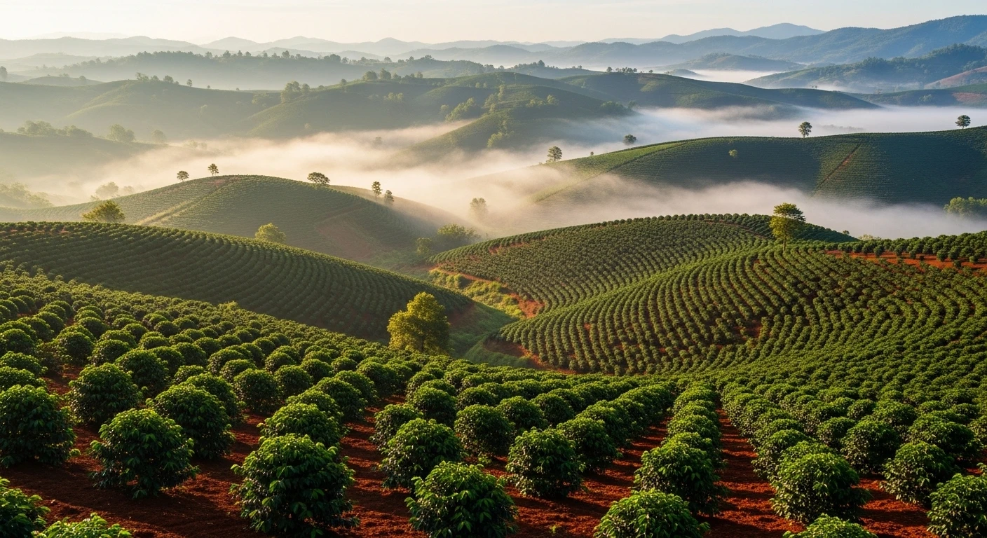 A panoramic view of coffee plantations in Buon Ma Thuot, Vietnam, with mist rolling over the hills.
