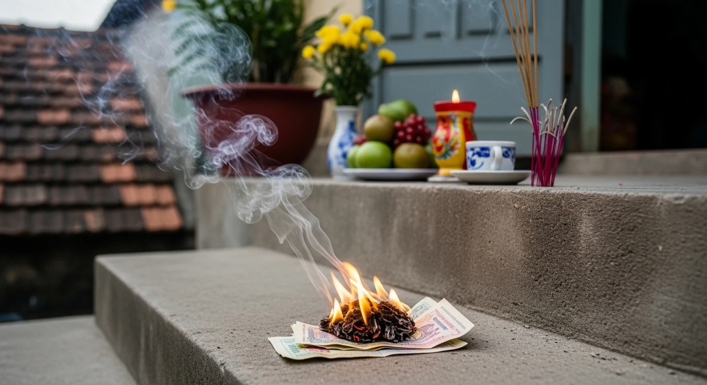 A simple altar in front of a Vietnamese home with offerings of incense, fruit, and burning joss paper money.