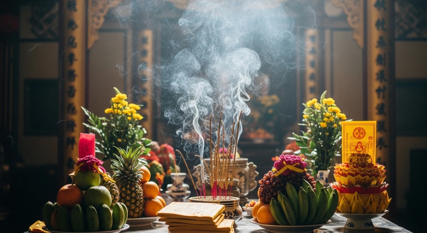 A Buddhist temple in Vietnam with incense burning and offerings laid out, reflecting spiritual practices.