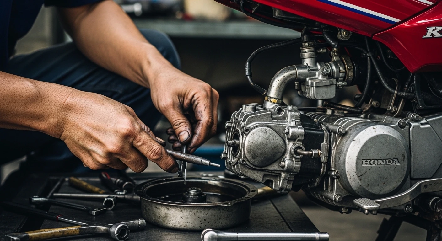 A close-up of a mechanic's hands working on the engine of a Honda Win