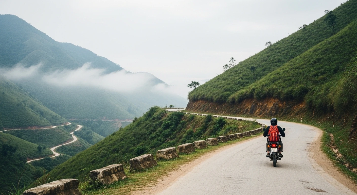 A scenic view of a winding road through misty mountains in Vietnam