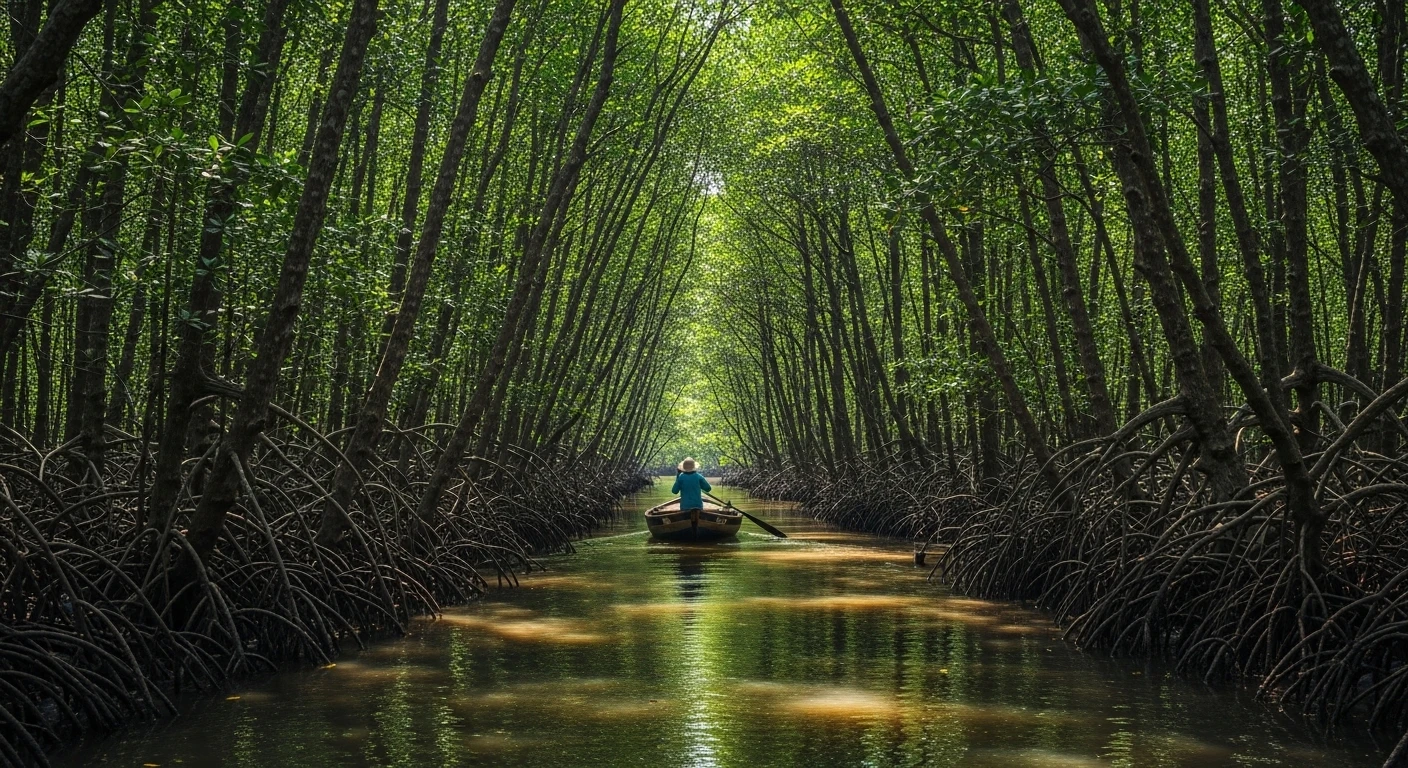 A narrow, winding canal through dense green mangroves in Ca Mau
