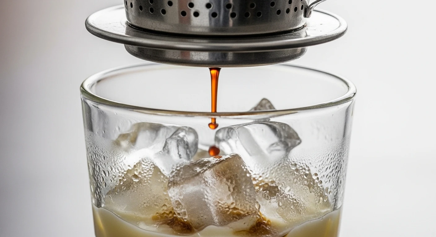 A close-up shot of Vietnamese Phin filter dripping coffee into a glass with condensed milk and ice.