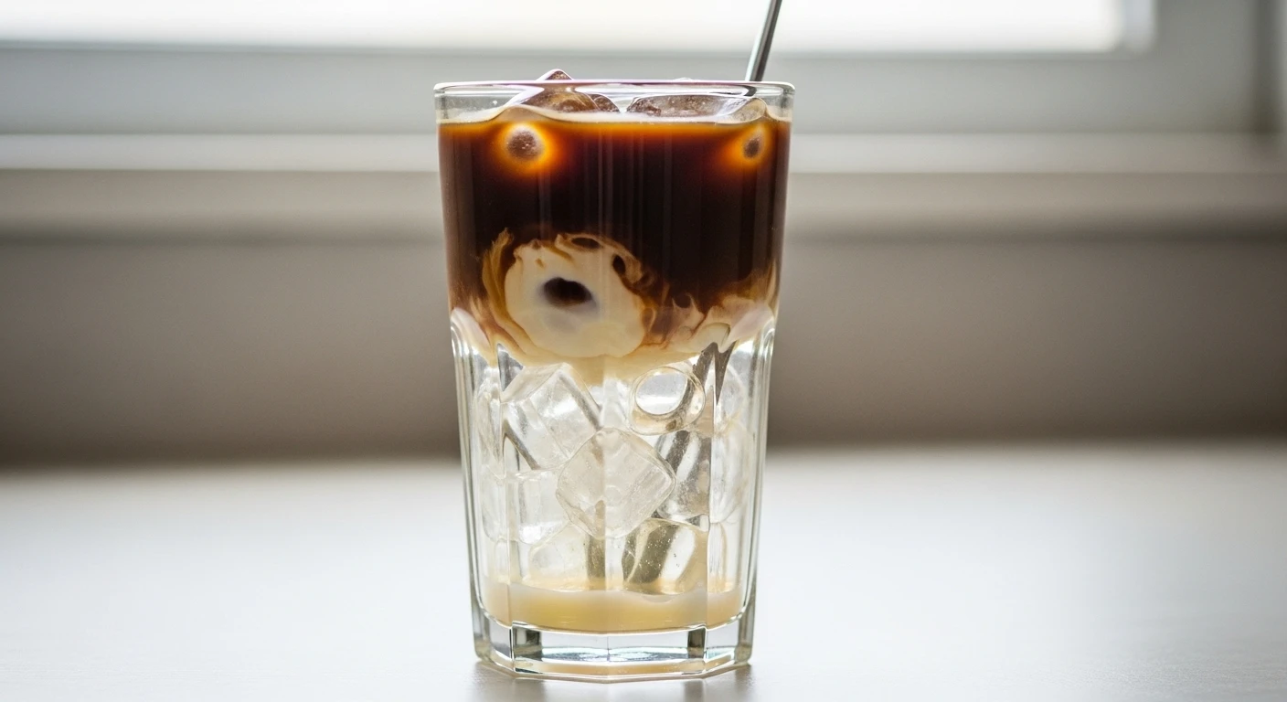 A finished glass of Vietnamese iced coffee with layers of coffee and condensed milk, ready to be stirred.